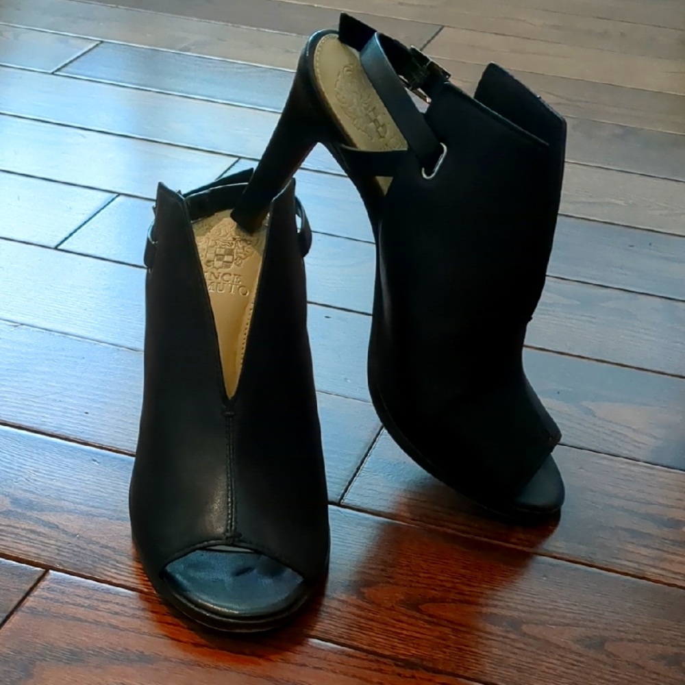 Vince Camuto Neveah Lambskin Leather Slingbacks Black Peep-Toe Heels